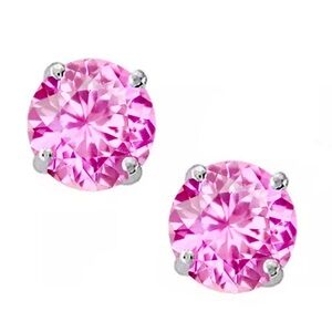 14K Solid White Gold October Pink Sapphire Round Stud w/ Screw Back Earrings
